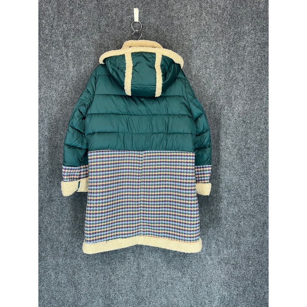 Sam Edelman Puffer Coat Womens L Teal Houndstooth Sherpa Hood Long Winter - Picture 6 of 13